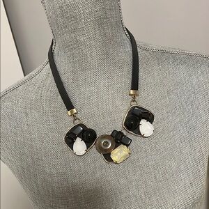 NWOT Leather Gold Accent Chunky Black White Brown Statement Necklace